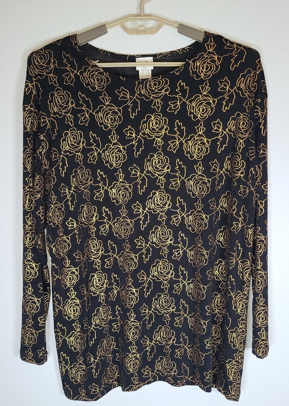 VINTAGE Epix Women's LG Black Tunic W/Gold Rose Print Long Sleeve Scoop USA
